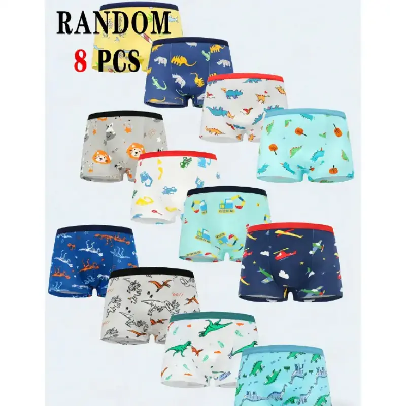 8 pairs of random pattern boys' boxer briefs, cartoon dinosaur design children's underwear
