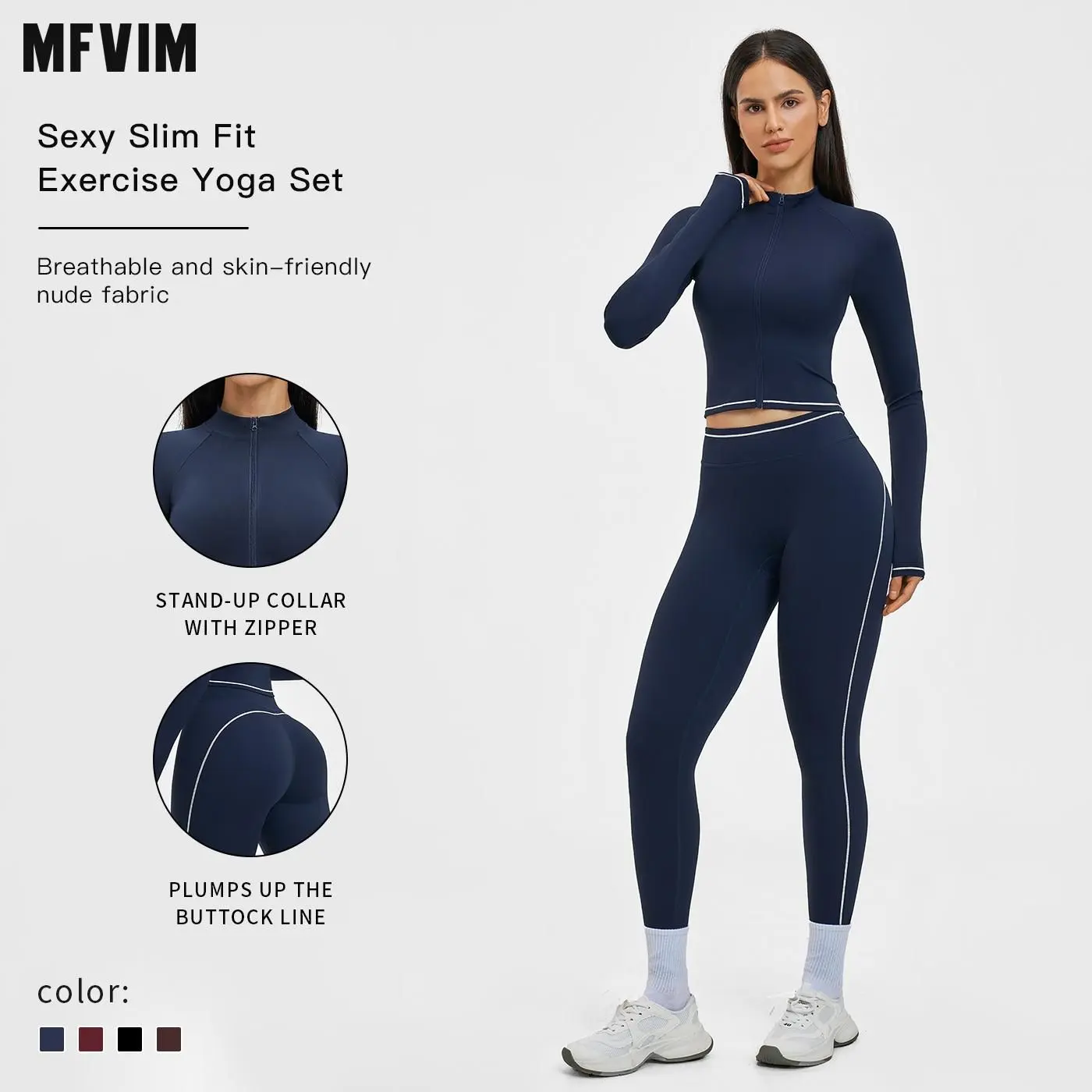 MFVIM Women's 2-Piece Fitted Sports Clothing Set - Zip-Up Front Long-Sleeve Top, High-Waisted Ankle-Length Form-Fitting Pants, Outdoor Athletic Casual All-Season Gym Yoga Activewear, Sporty Chic