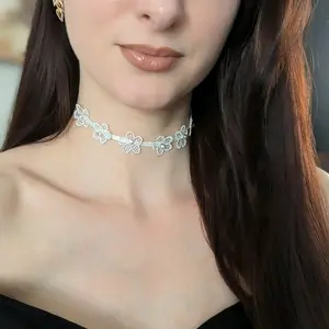 Tiny Flowers and Rhinestones Extra Thin Lace Choker Necklace