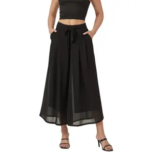 heipeiwa Women's Chiffon Wide Leg Palazzo Pants Summer Capris Crop Culotte Pants with Removable Belt Tie-Knot Beach Vacation Trip Outfits