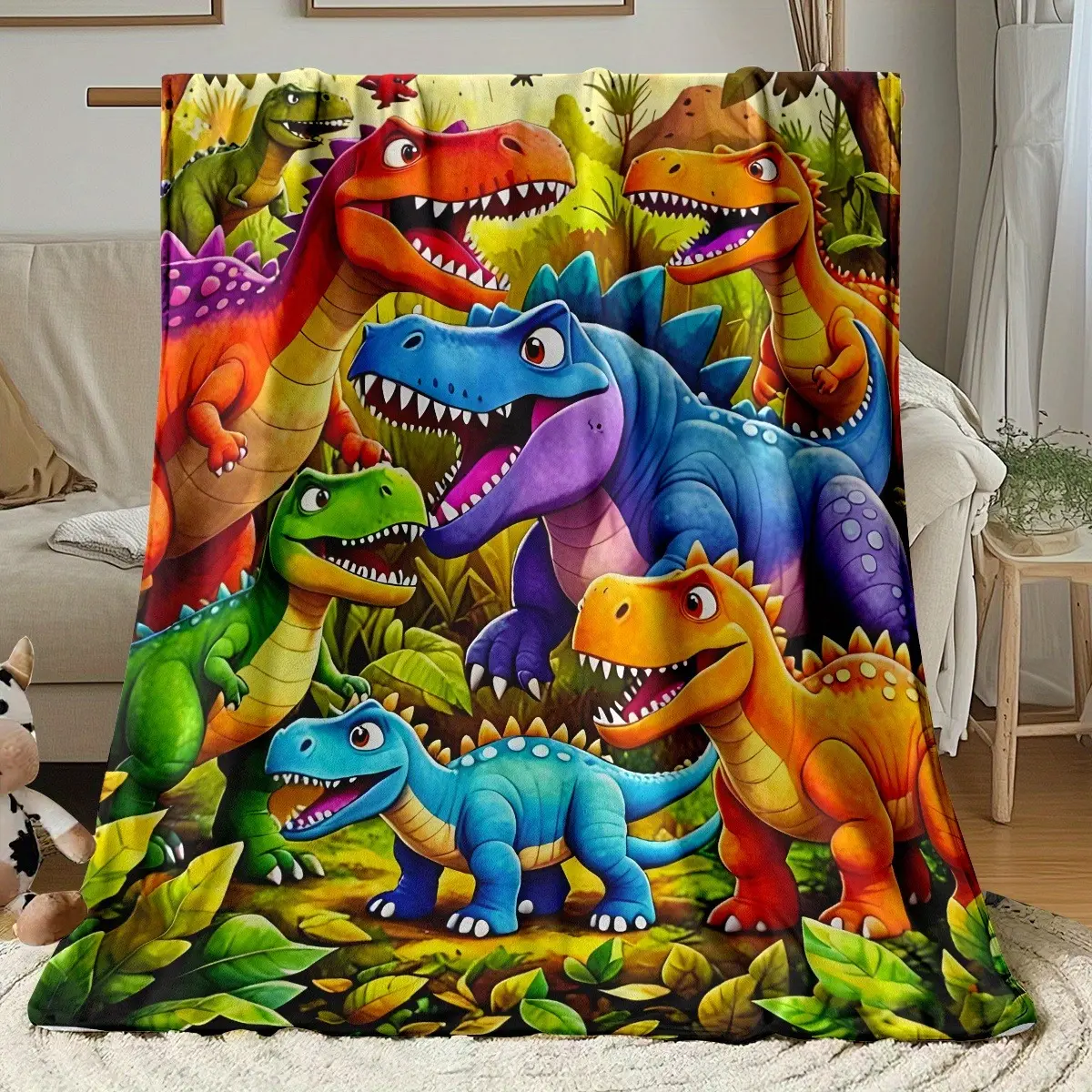 Plush Flannel Dinosaur Blanket - Multi-Size, Flannel Fabric, Colorful Cartoon T-Rex Jungle Scene Print, Cozy, Nap Time Essential, Perfect Gift for Toddlers, Home Nursery Decor, Plush Texture