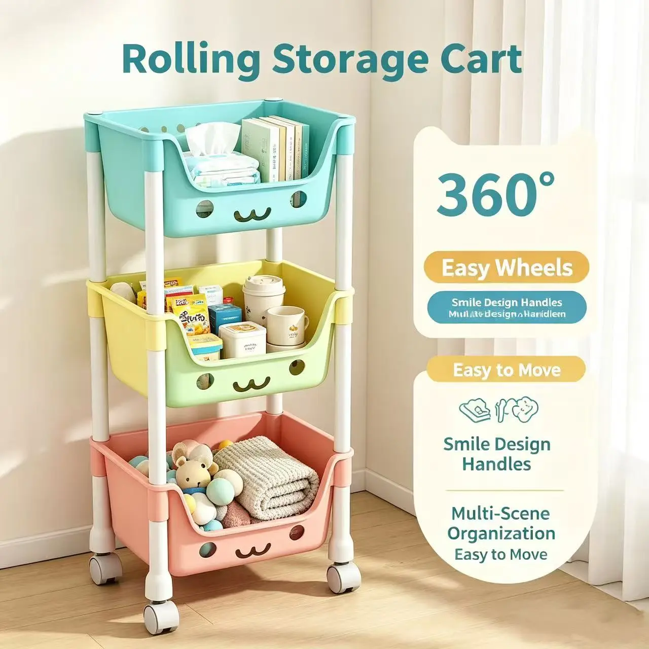 Cute Macaron Plastic Rolling Storage Cart - 3/5 Tier Lightweight Colorful Toy Storage Racks with 360° Silent Wheels, U-Shaped Open Easy Access Mobile Trolley for Kids’ Playroom, Nursery, Kids' Rooms