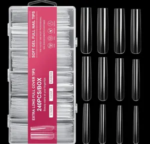 Extra Long Square Full Cover Nail Tips 240PCS XXXL Clear Full Cover Fake Nails False Nails 12 Sizes Tapered Square Press on Fake Nail Tips for Acrylic Nails Salons Home DIY with Box