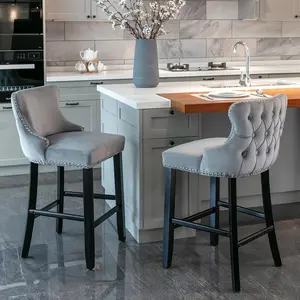 Modern Velvet Upholstered Bar Stools Set of 2 or 4, Height Bar Stools, Velvet Upholstered Barstools with Solid Wood Legs, Button Tufted and Nailheads Trim, For Kitchen Island, Counter Height Chair for Kitchen, Bar, Dining Room summergarden