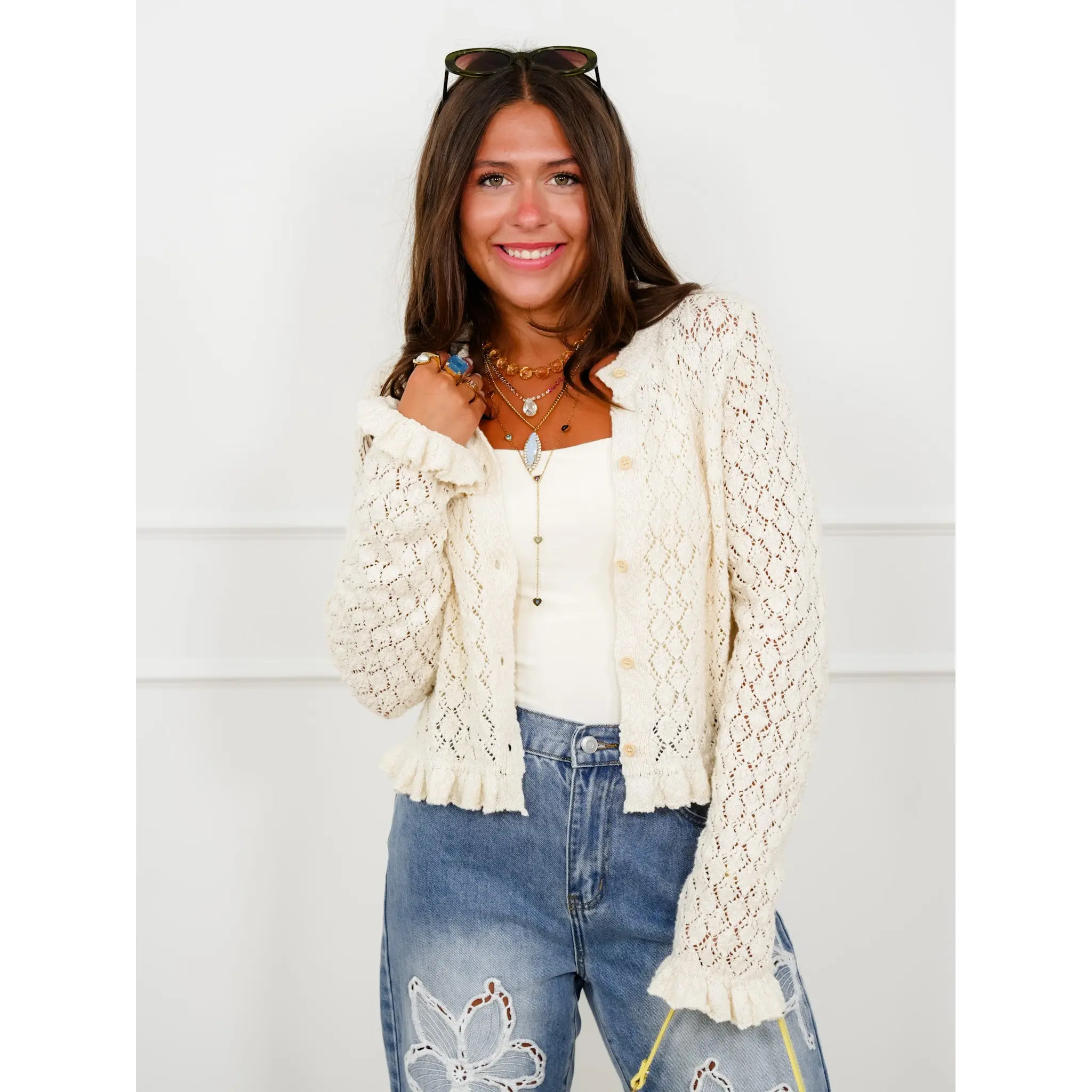 Restock! Knit Long Sleeve Button Down Ruffle Trim Cardigan