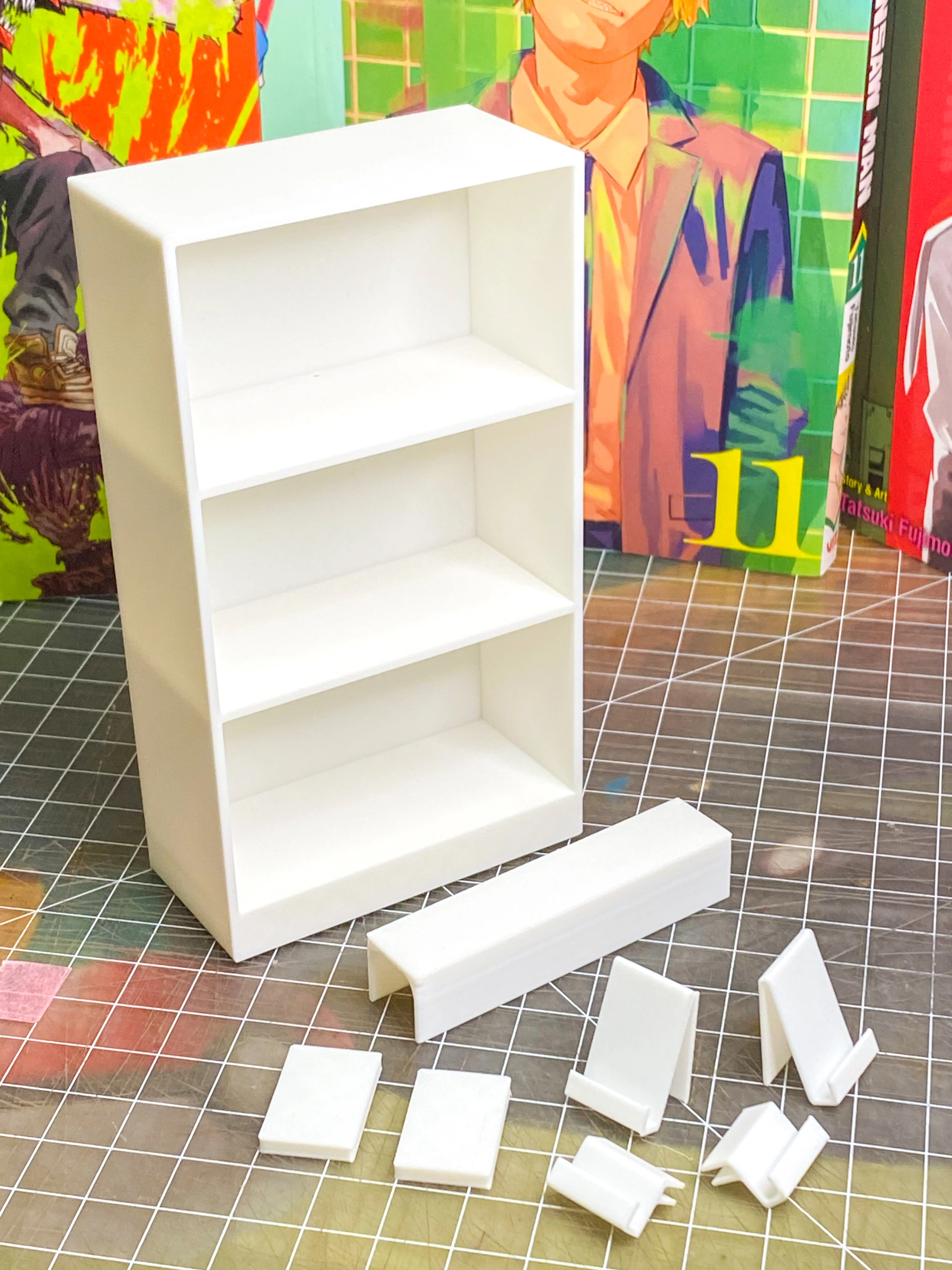 Mini shelf Bookshelf Manga DIY Miniature Kit - Book Blanks, Bookshelf, Risers, and Book Holders (No Book Images included)