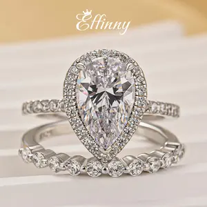 Effinny Jewelry 3.0ct Halo Pear Cut 2PC Wedding Ring Set, 925 Sterling Silver Promise Ring with Half Eternity Wedding Band, 5A Cubic Zirconia Women's Ring for Wedding, Party, Travel