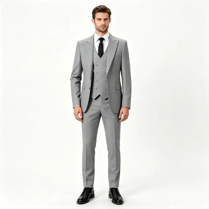 Men's 3-Piece Slim Fit Double-Breasted Button Blazer Suit Set - Formal Premium Tailored Soft Fabric, Long-Sleeve Plain Top, Matching Trouser, Tie, Lapel Pin, Pocket Square for Wedding, Business, Evening, Textured Woven Fabric
