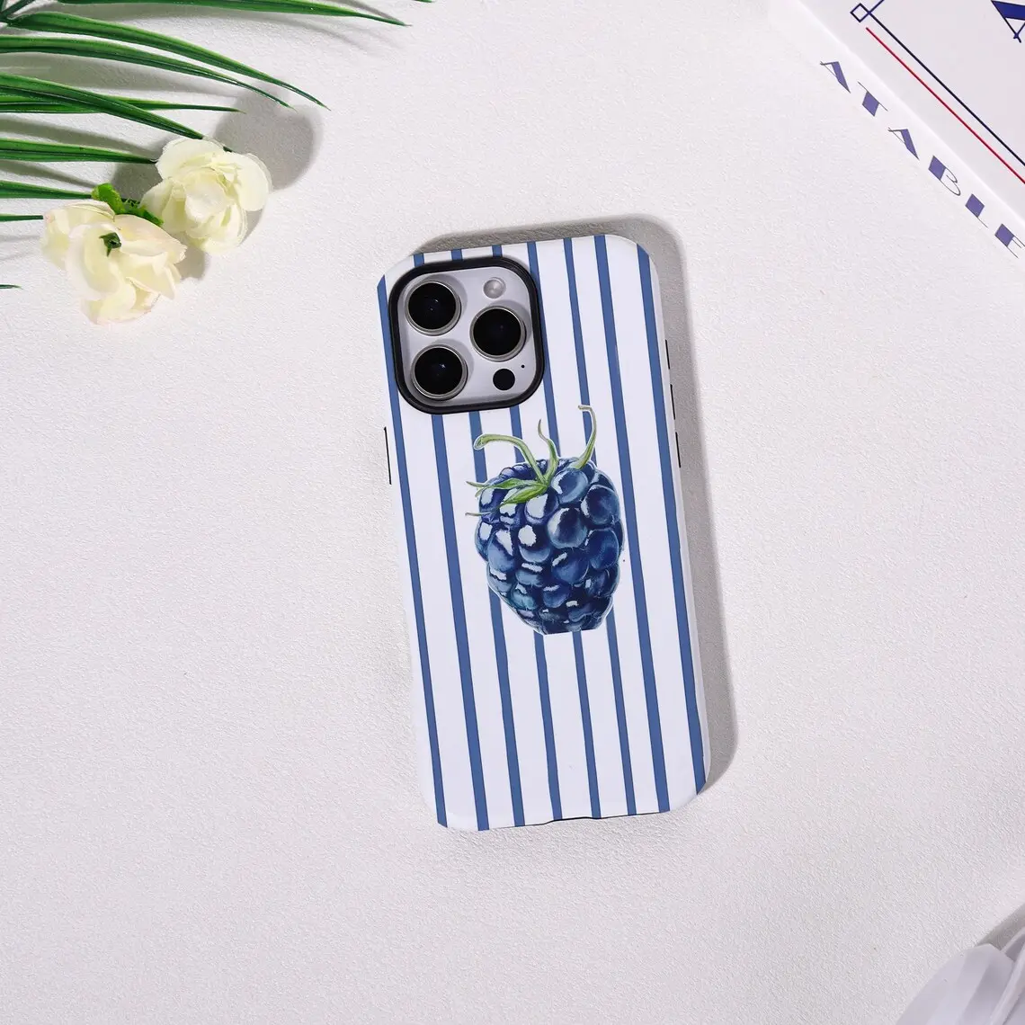 Cute Blackberry Phone Case - Blue Stripe Aesthetic Cover