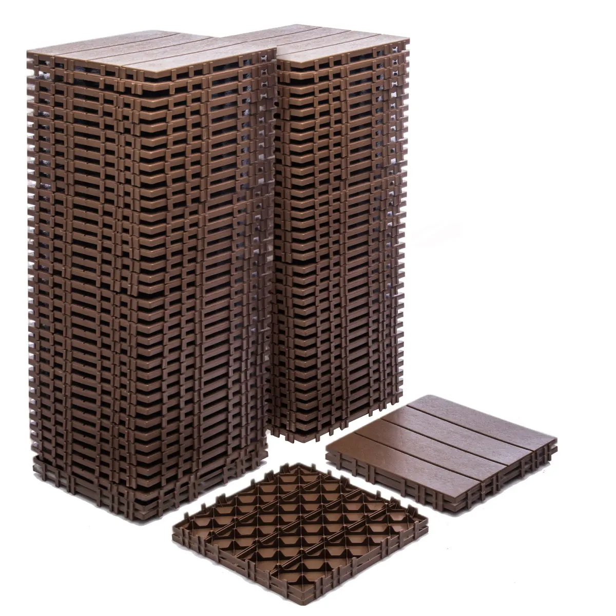 68-Pack Interlocking Plastic Click-Parquet Floor Tiles, 11.42x11.42in, 61.60 Sq.Ft Neutral Wood Tone, Heavy-Duty Waterproof All-Weather Anti-Scratch Non-Toxic Eco-Friendly Deck Tiles for Indoor, Outdoor Patio & Garage, Deck Tiles Outdoor Waterproof, Garag