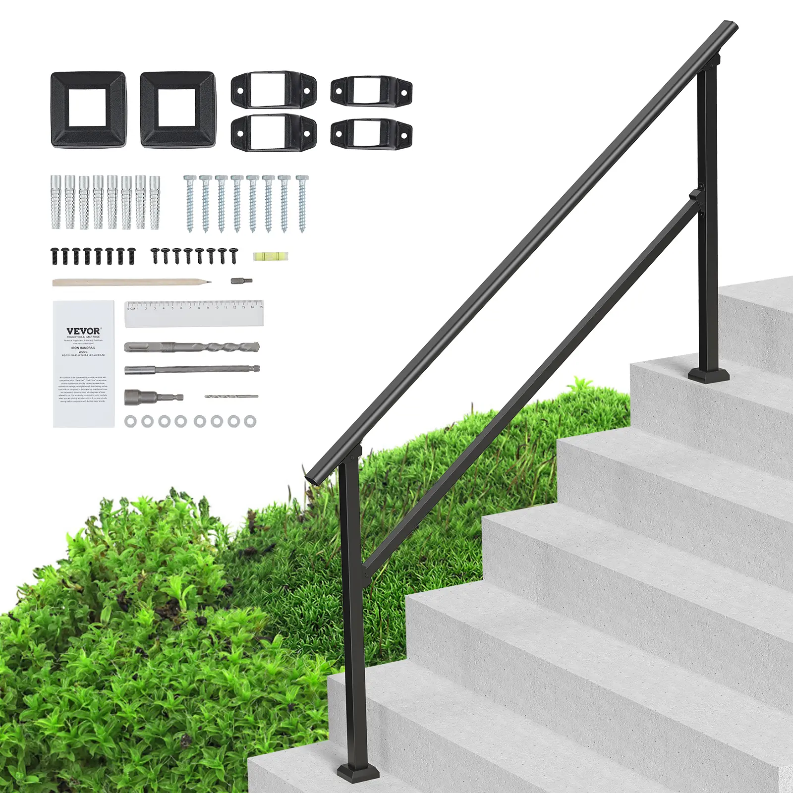 【Summerfinds】VEVOR Handrails for Outdoor Steps,5-6 Step Stair Hand Rail KitTransitional Carbon Steel Railings with Installation KitStair Rails for SeniorsConcrete Steps & Porch & DeckBlack Square Tube, Adjustable Steps Accessories
