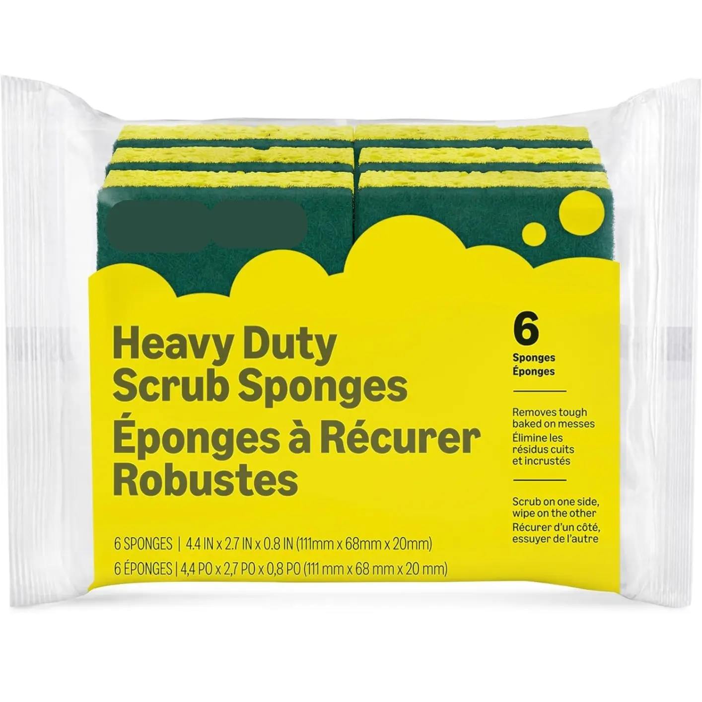 6-Pack Dual-Sided Heavy Duty Cleaning Sponge Tool - Reusable, 4.4x2.7x0.8 in, Yellow/Green Home Care Scouring Pads