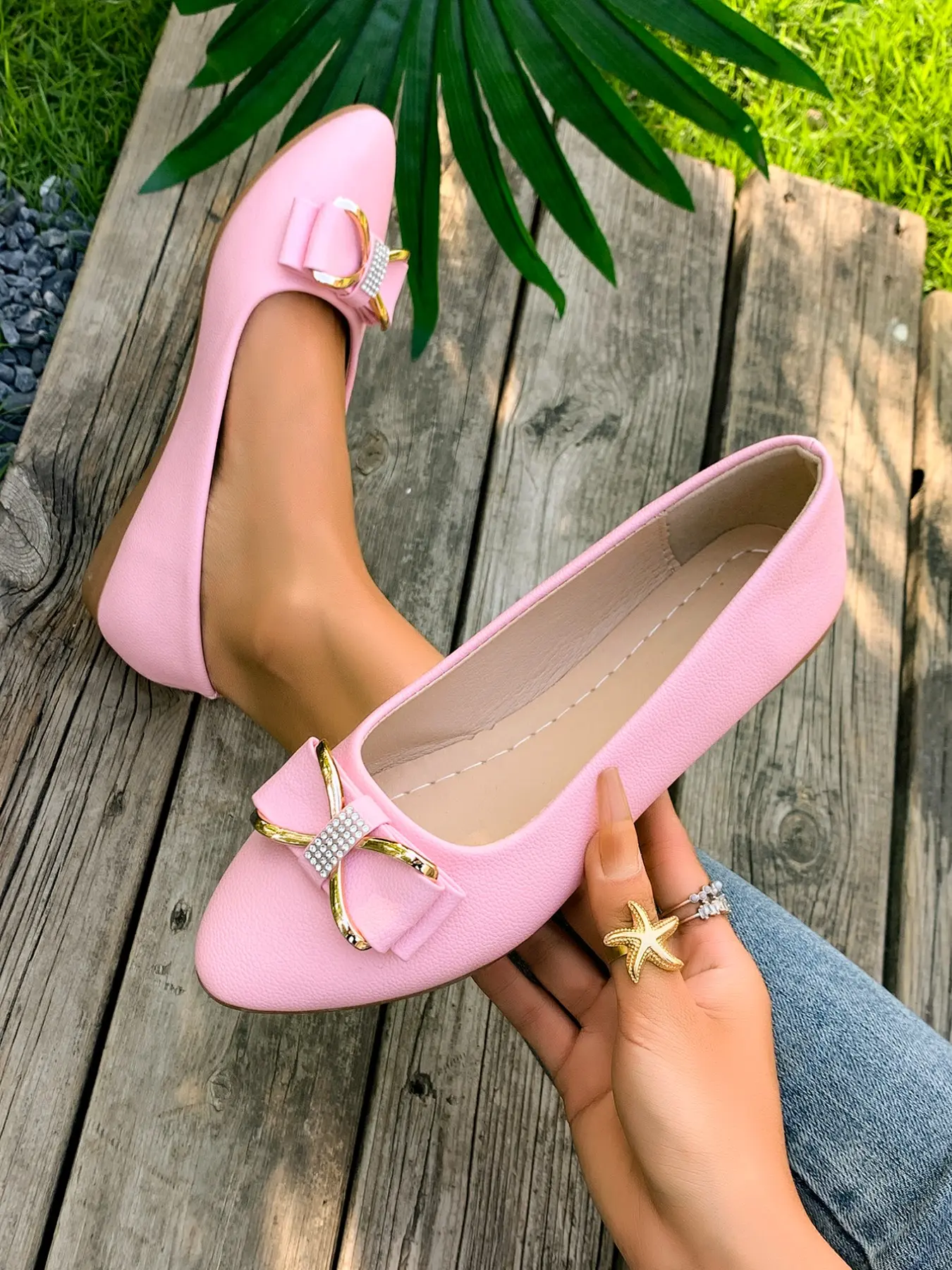 Women's Rhinestone Bow Pointed Toe Ballet Flat Shoes, Classic Office Style, Elegant Flats, Comfortable Casual Slip-Ons, All-Season Wear