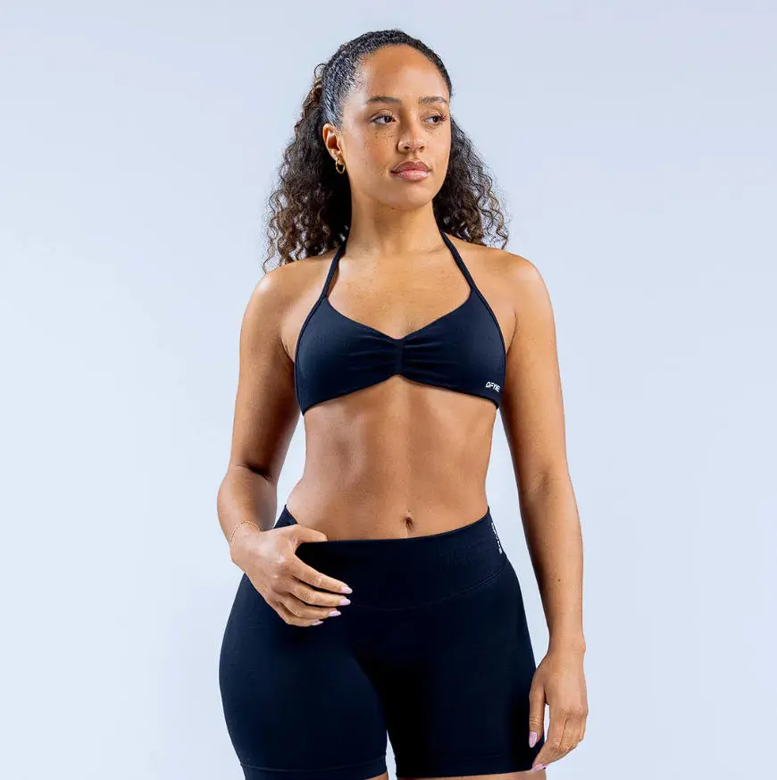 Women's 2-Piece Logo-Included DFYNE U-Neck Halter Sports Bra & High-Waist Seamless Yoga Shorts Matching Workout Set, Stretchy Fabric Athleisure/Fitness Sportswear for Gym, Running, All Seasons
