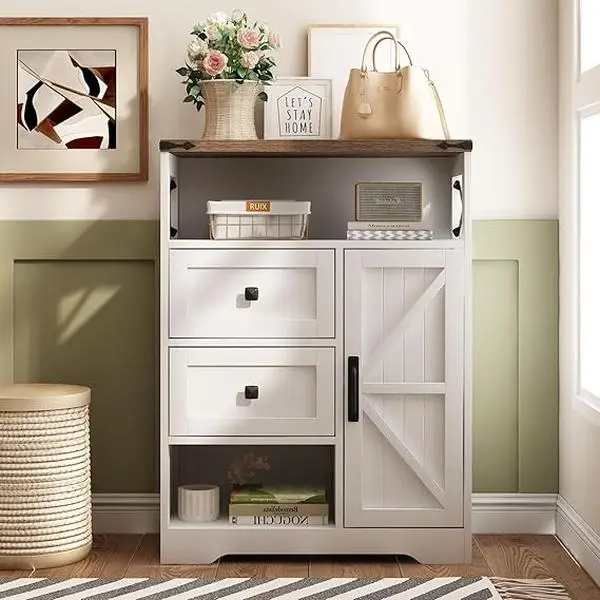 [Summergarden] Vabches Farmhouse Style Engineered Wood Storage Cabinet - 2 Drawers, Adjustable Shelf, Doors & Open Storage, Freestanding Furniture for Living Room, Bathroom, Pantry Cabinet