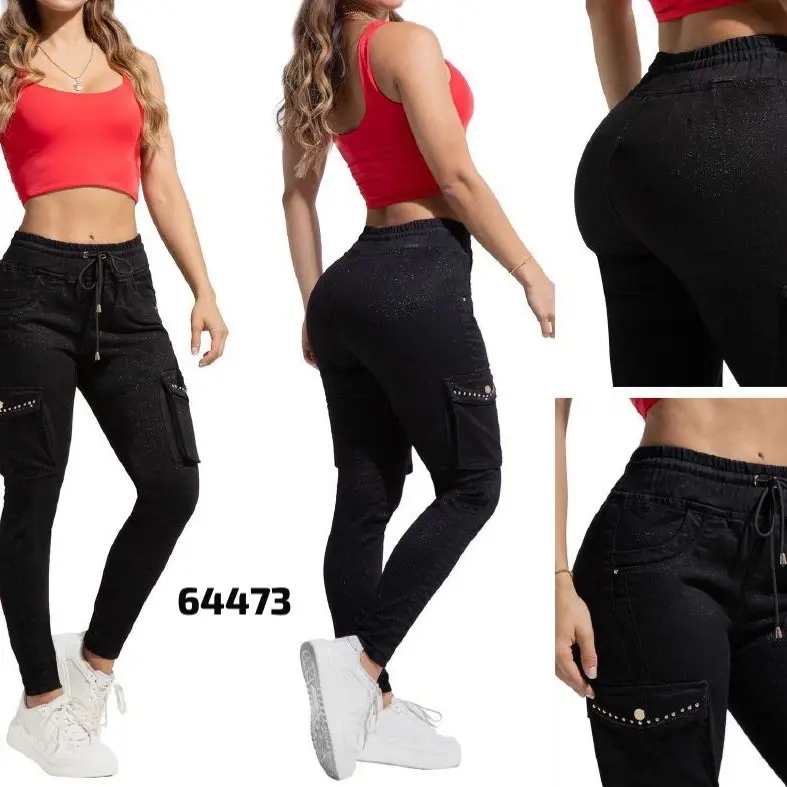 Women's Colombian Cargo Jeans - High Waist Booty Lifting Stretch Denim, Curve Shaping Fit with Rhinestone Embellishments, Style, Elastane, Booty Lifting Jeans, Button, Rhinestones, Front Button, Fitted, Butt Curve Jeans, Colombian High-Rise Button Jeans