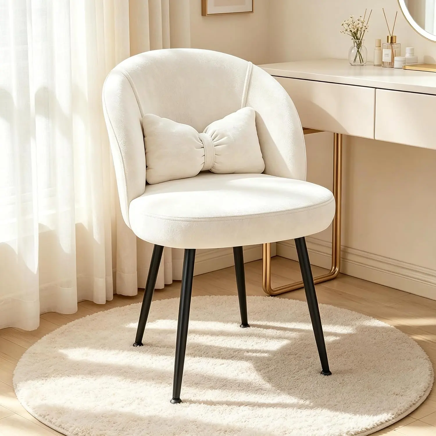 Raybee Velvet Accent Chair with Cute Bow Pillow & Lumbar Support, Armless Vanity Desk Chair, Upholstered Makeup Seating with Metal Sled Legs, Comfy Space-Saving Reading Chair for Bedroom, Dorm Room, Apartment, Home Office, College, #BacktoSchool Gift