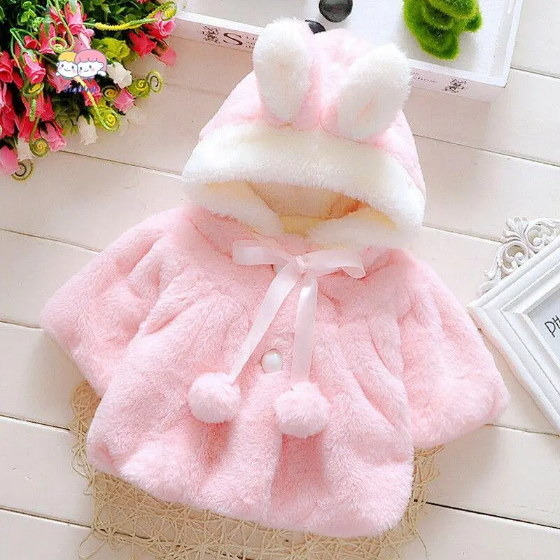 Baby Girl Cozy Faux Fur Jacket - Pearl Button, Bow Accent, Bunny Ear Hooded, Thick Warm Outwear for Baby Girl Clothes, Coat, Cute, Perfect Gift, Fleece, Faux Fur Coat, Fleece Coat