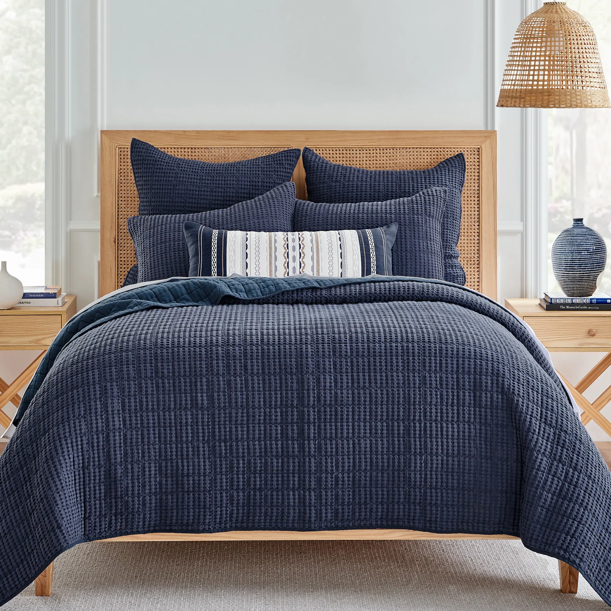 Levtex Home Mills Waffle Bedding Quilt Bedspread Set - Navy Cotton Textured Soft Comfy Bedding Set, Full/Queen Size (88x92in Quilt, 26x20in Shams), Bedding Quilt Set