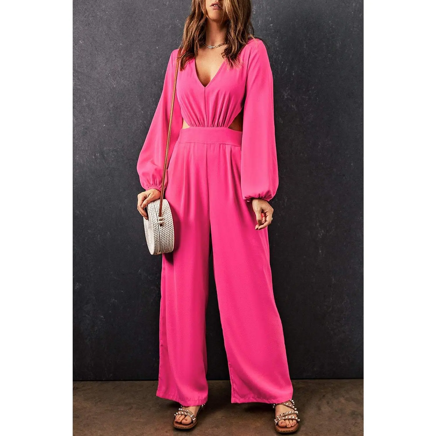 Balloon Sleeve Cutout Plunge Jumpsuit