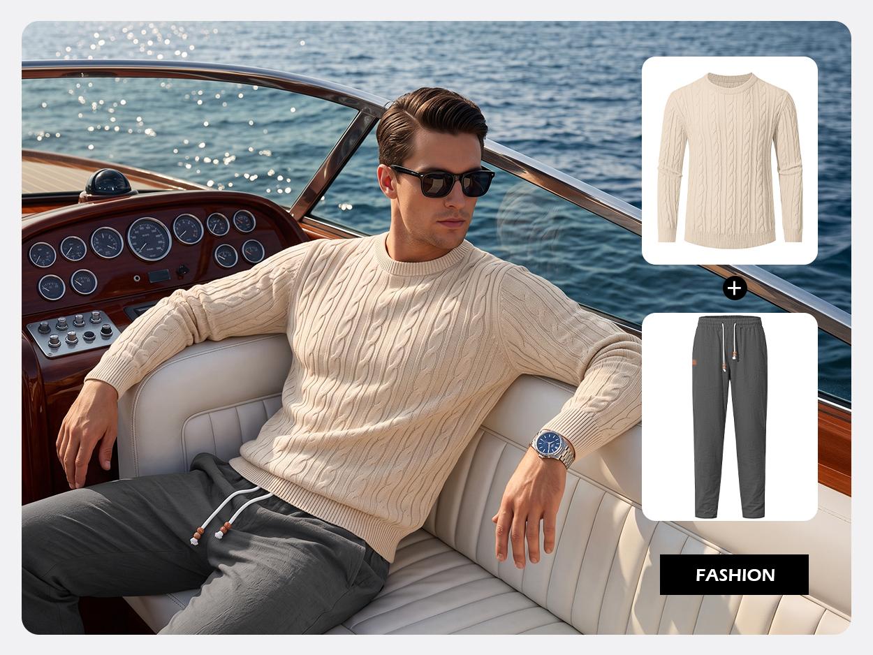AUSELILY MEN Cloud Soft Jacquard Knit Sweater Men's Crewneck Textured Pullover Casual Fall Winter