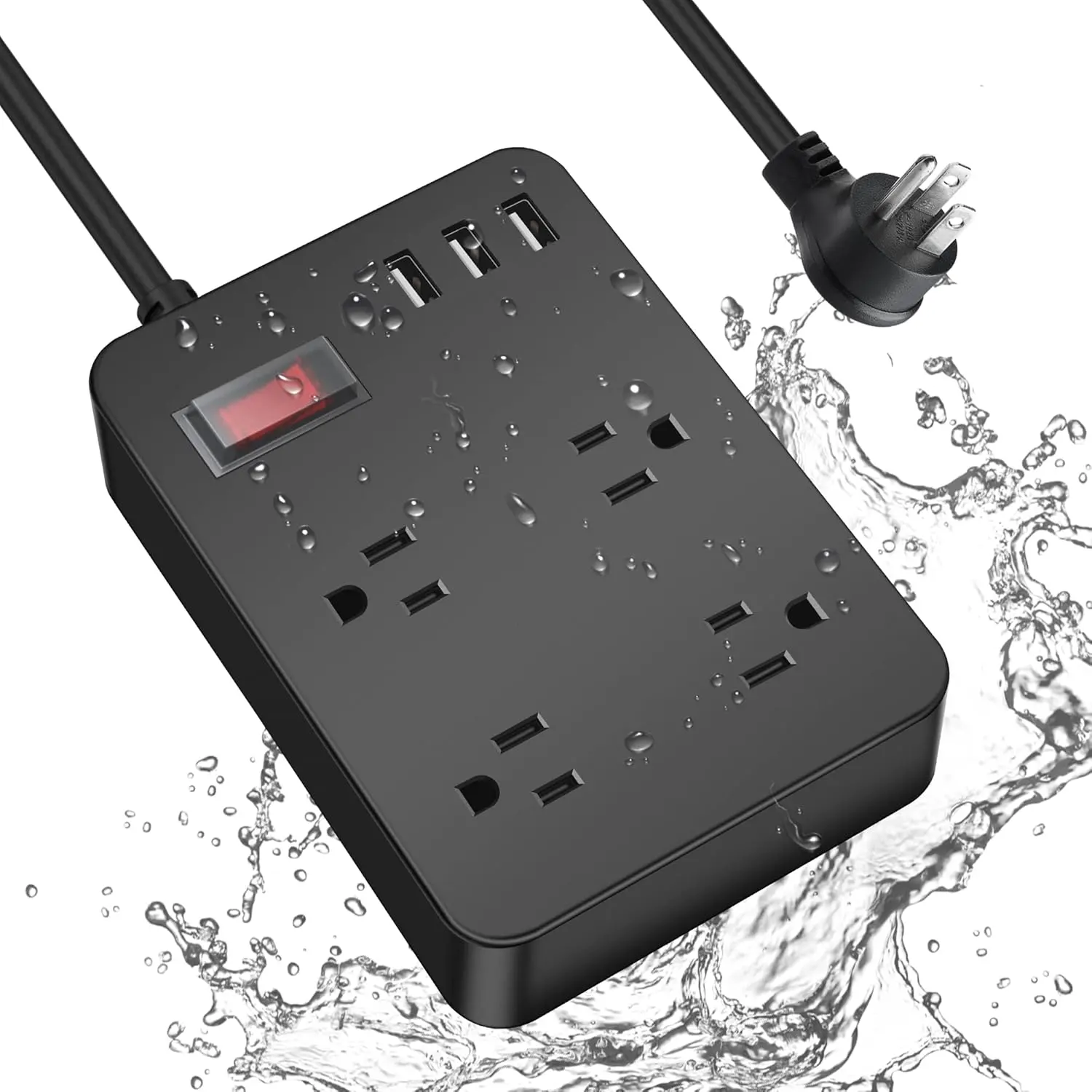 Weatherproof Outdoor Power Strip Surge Protector - 4 Outlets, 3 USB Ports, Shockproof Overload Protection, 6ft Cord with Flat Plug for Camping, Garden, Devices, Multi Outlet Extension