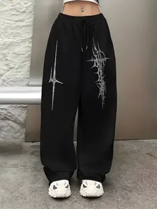 Women's Oversized Black Gothic Cross Graphic Sweatpants, Dark Streetwear Joggers, Cozy Casual Lounge Pants for Daily, Street & Subculture Events, Unique Choice for Dark Aesthetic & Y2K Enthusiasts