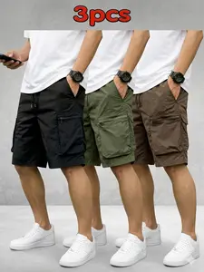Set of 3 Japanese retro cargo shorts with multiple pockets for men — trendy streetwear, lightweight summer loose straight-leg casual bermuda shorts suitable for everyday wear
