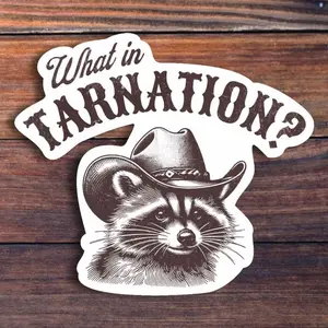 What In Tarnation Raccoon Sticker, Funny Retro Meme Sticker, Sarcastic Country Western Cowboy Sticker, Trendy Raccoon Decal, Laptop Water Bottle Decal