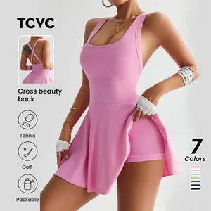TCVC Sporty Women's Plain Square Neck Sport Dress Knitting,Sleeveless Skorts for Golf Tennis Running Ladies Activewear Indoor Outdoor Wear Tennis Attire