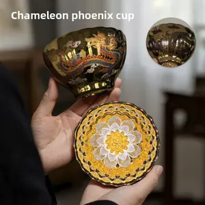 Handmade Chameleon Phoenix Fairy Cup with Colorful Inlay, Gold Lotus, Golden Celestial Eye, Silver Lotus Cup, Japanese Style Painting