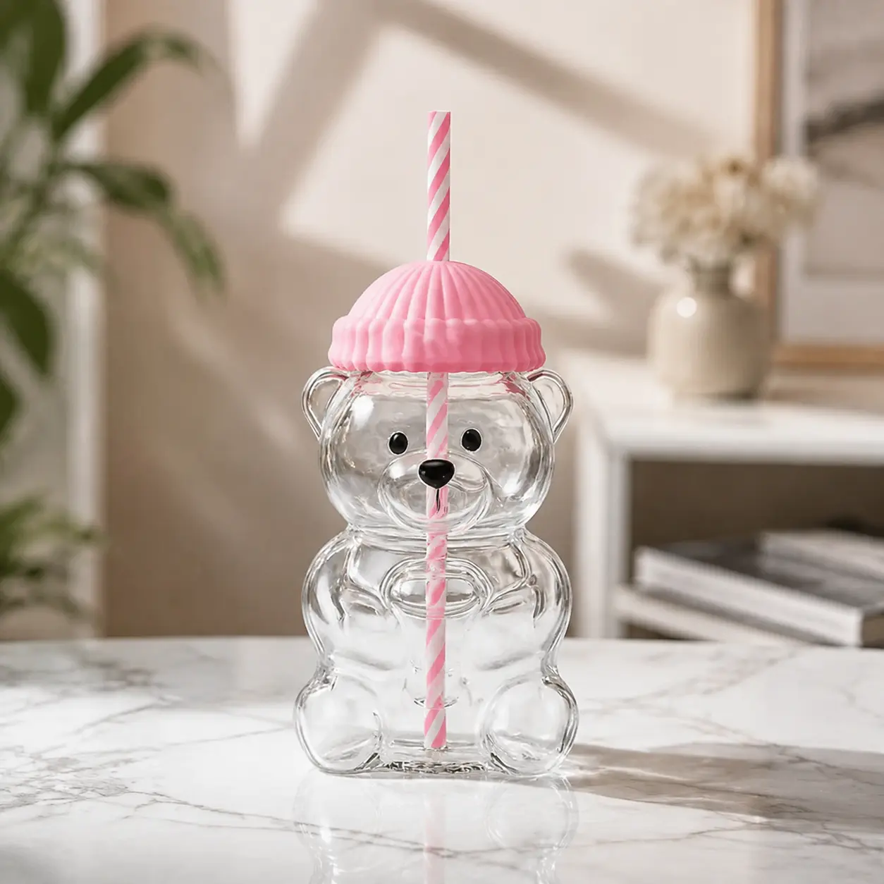 20oz Adorable Bear Glass Water Bottle - Reusable Portable Drinkware with Straw and Lid, Washable Kitchen Cup for Daily Use, Sweet New Year & Valentine’s Day Gift
