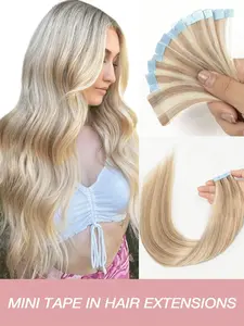 Blonde Mixed Light Brown Tape in Hair Extensions 10pcs Real Human Hair, Straight Light Color, Mini Extensions for Versatile Style