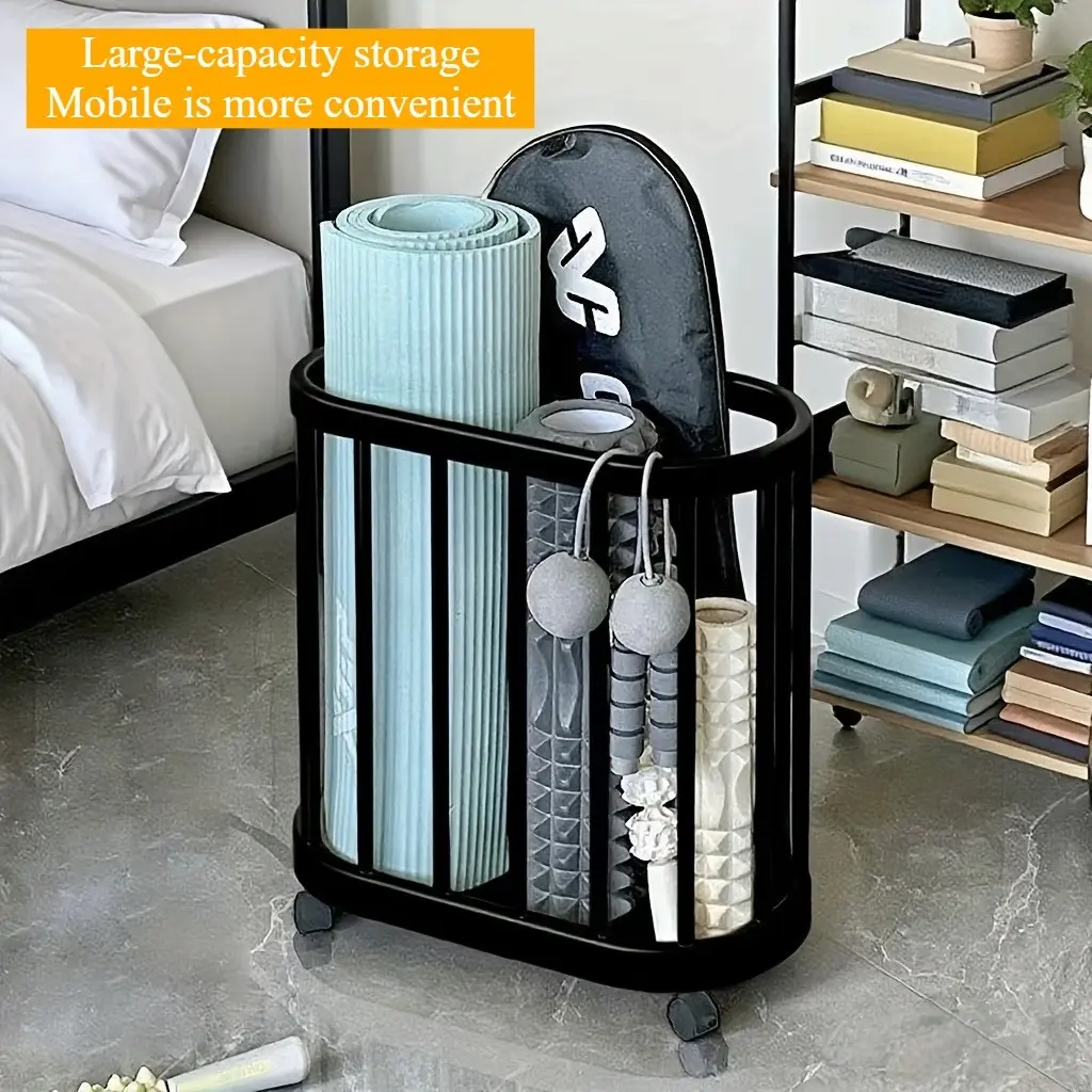 Sports Equipment Storage Rack with Locking Wheels, Modern Organizer Basket for Home Gym, Space Saving Sliding Shelf
