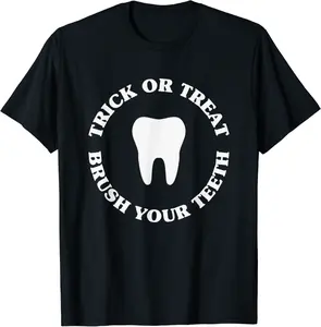 Trick or Treat Brush Your Teeth Funny dental Halloween Pun T-Shirt - Jessicajon Shop 75B09GW67GB8