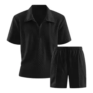 Men’s textured casual two-piece set: half-zip polo shirt with turn-down collar, elastic-waist shorts set; breathable summer set; versatile athletic set