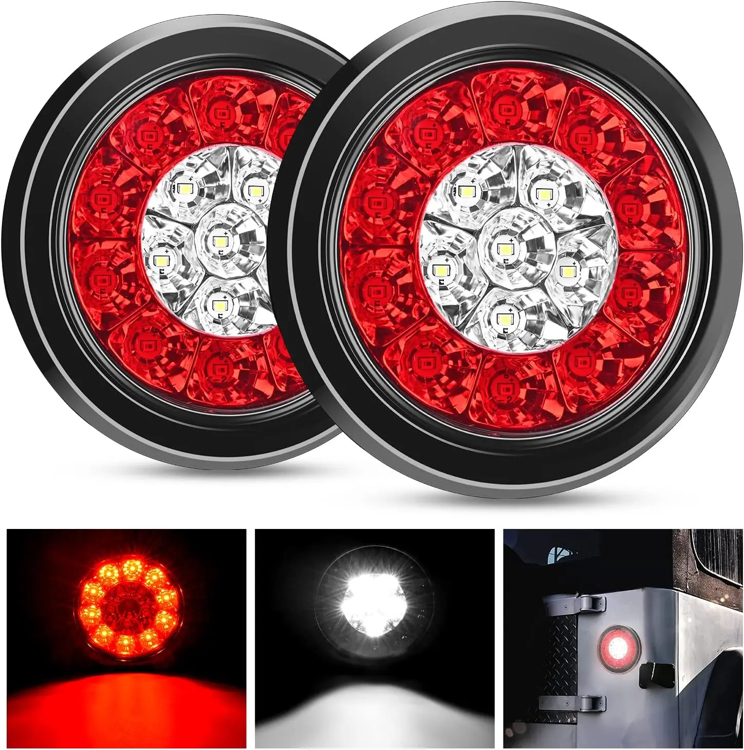 Nilight 2PCS 4" Round Red White LED Car Tail Light Assembly - 16LEDs, Flush Mount Grommets, IP67 Waterproof, Stop Brake Running Reverse Functions, for Trucks Trailers, Rear Lights, Led Lights Car