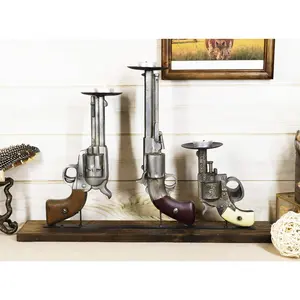 Rustic Western Cowboy Triple Six Shooter Revolver Pistol Guns Candle Holders