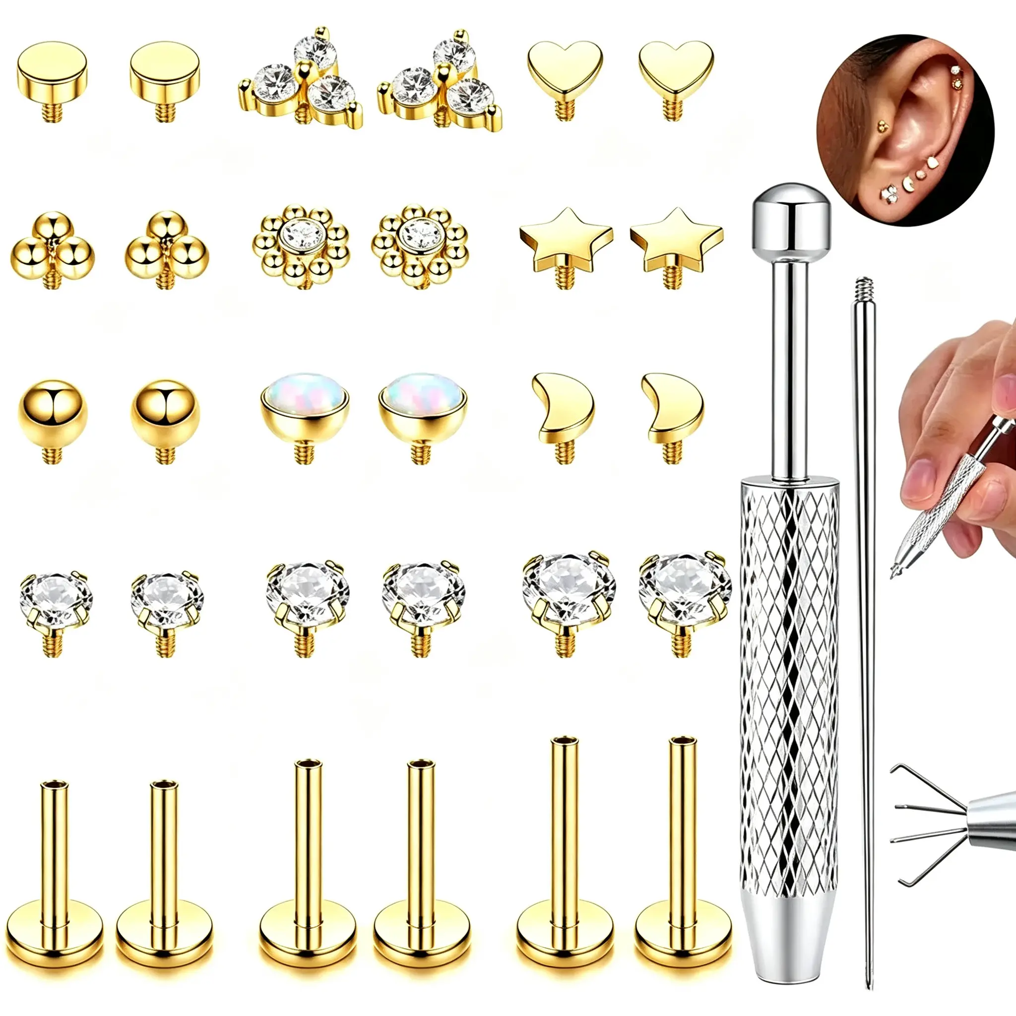 32PCS 16G Flat Back Earrings Internally Threaded Surgical Steel Cartilage Helix Piercing Jewelry