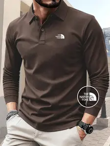 Hot Selling Pure Color Long Sleeve Polo Shirt, Casual Home Wear, Letter Print, Outdoor Running Golf, All Seasons, Holiday Gift