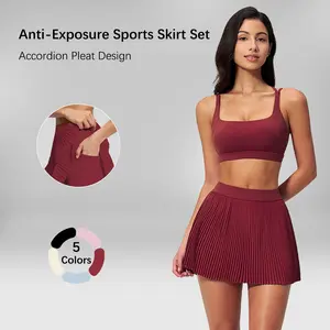 NVWA Women's 2-Piece Set, Summer Sexy Bra Top & High-Waisted Pleated Ruffled Stretch Active Skort with Pockets, Cooling Quick-Drying Figure-Flattering Outfit for Vacation & Outdoor Sporty Casual Wear, Two Piece Set