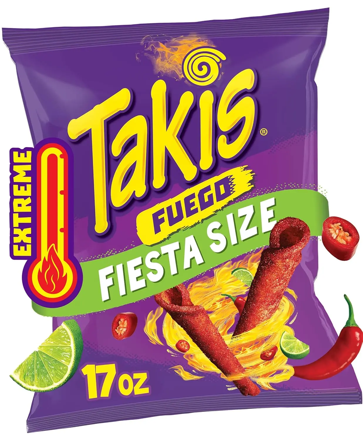 Takis Fuego Rolled Tortilla Chips 17 oz Fiesta Size – Hot Chili Pepper & Lime Flavor, Bold Crunchy Corn Snack, Party Size Pack