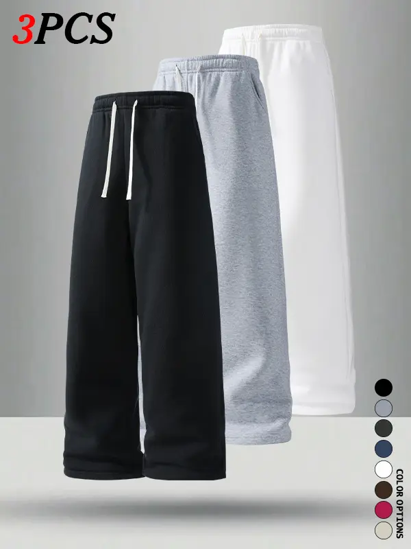 3-Pack Men’s Spring/Autumn Straight-Leg Athletic Pants — smooth drape, relaxed fit; ideal for morning runs, workouts, commuting, home wear, and prolonged sitting; wrinkle-resistant and versatile long pants