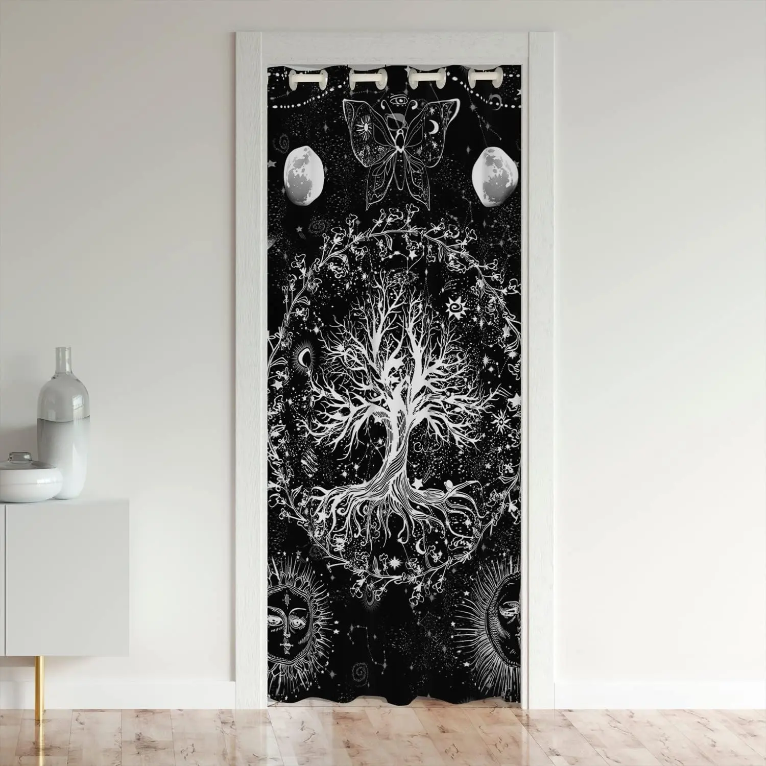 Feelyou Sun Moon Door Curtain - Home Decoration Grommet Curtain, Privacy & Thermal Insulated, Boho Tree Closet Cover, Galaxy Butterfly 30%-50% Room Darkening Blackout Fabric, Home Decoration Curtain, Privacy Grommet Curtains