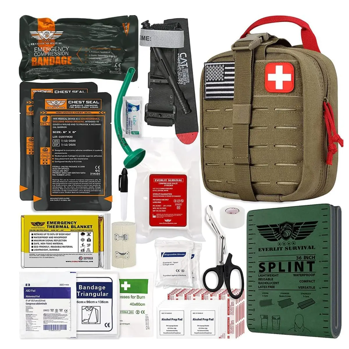 Advanced Trauma Kit, CAT GEN-7 Tourniquet, TCCC Compliant, Mil-Spec Nylon Laser Cut Pouch with 36" Splint, Military Combat Tactical IFAK for Emergency Bleeding Control
