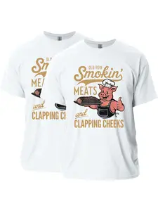 2 Piece Set Short Sleeve T-Shirts, Outdoor BBQ Party Casual Wear, Food Enthusiast Barbecue Lover, Cartoon Chef Pig Letter Print