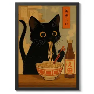 Noodle Cat Thief Anime Print, Japanese Poster, Wall Art Decor, Cat and Ramen Illustration, Cute Food Theme, Gift