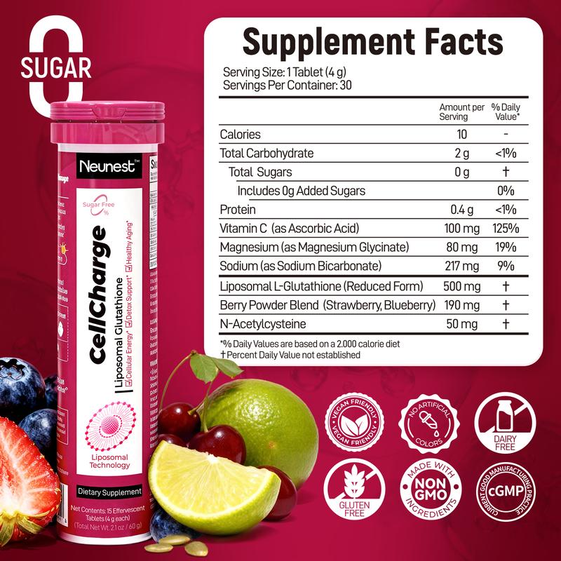 Neunest Cell Charge Liposomal Glutathione Effervescent Tablet : 2026 New 5-in-1 Tech (Glutathione, Vitamin C, Magnesium, NAC & Berry Blend) - Fix Dullness, Dark Spots &Skin Brightening-Deep Liver Detox & Anti-Aging Support-Refreshing Berry Flavor