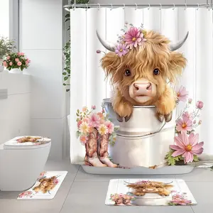 Riyidecor Funny Highland Cow 4Pcs Bathroom Shower Curtain Sets Pink Cute Daisy Floral Western Bathroom Decor Set with Rugs and Accessories Rustic Toilet Lid Rug, Contour and Bath Mat with 12 Hooks