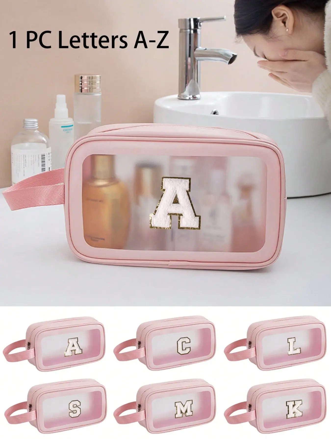 1 Letter Towel Embroidered Transparent Makeup Bag Simple Large Capacity Bath Bag A-Z Name Initial Toiletry Bag Waterproof Portable Toiletry Bag Handheld Travel Storage Bag Travel Portable Large Capacity Multifunctional Makeup Bag